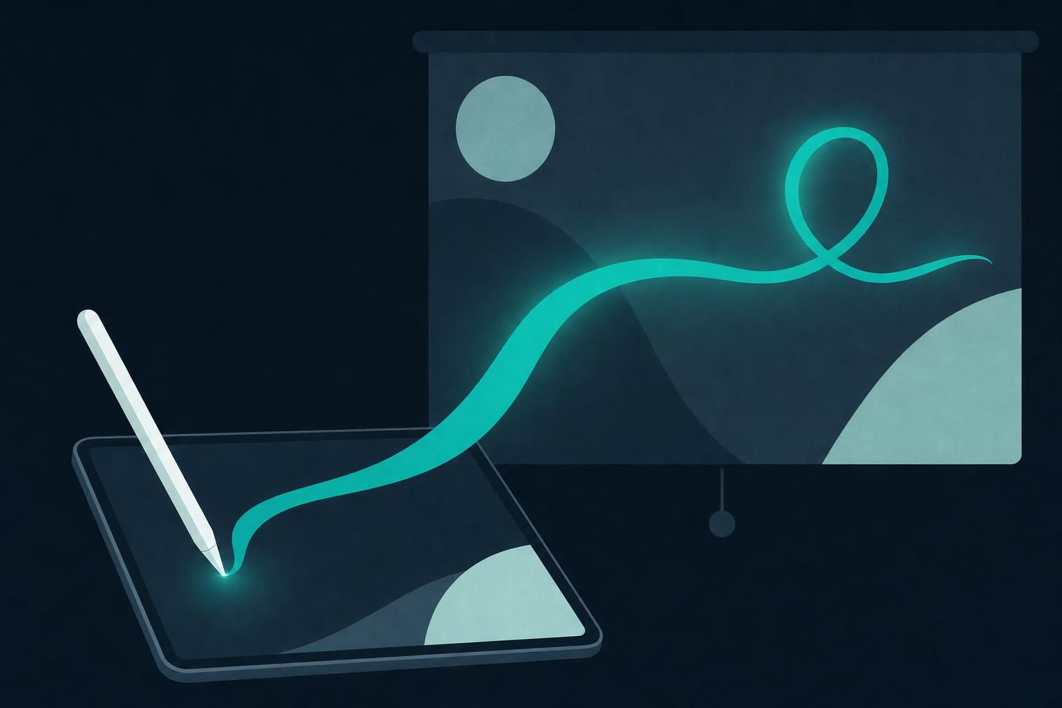 Illustration: a stylus draws a glowing teal ink stroke that flows from a tablet onto a projector screen