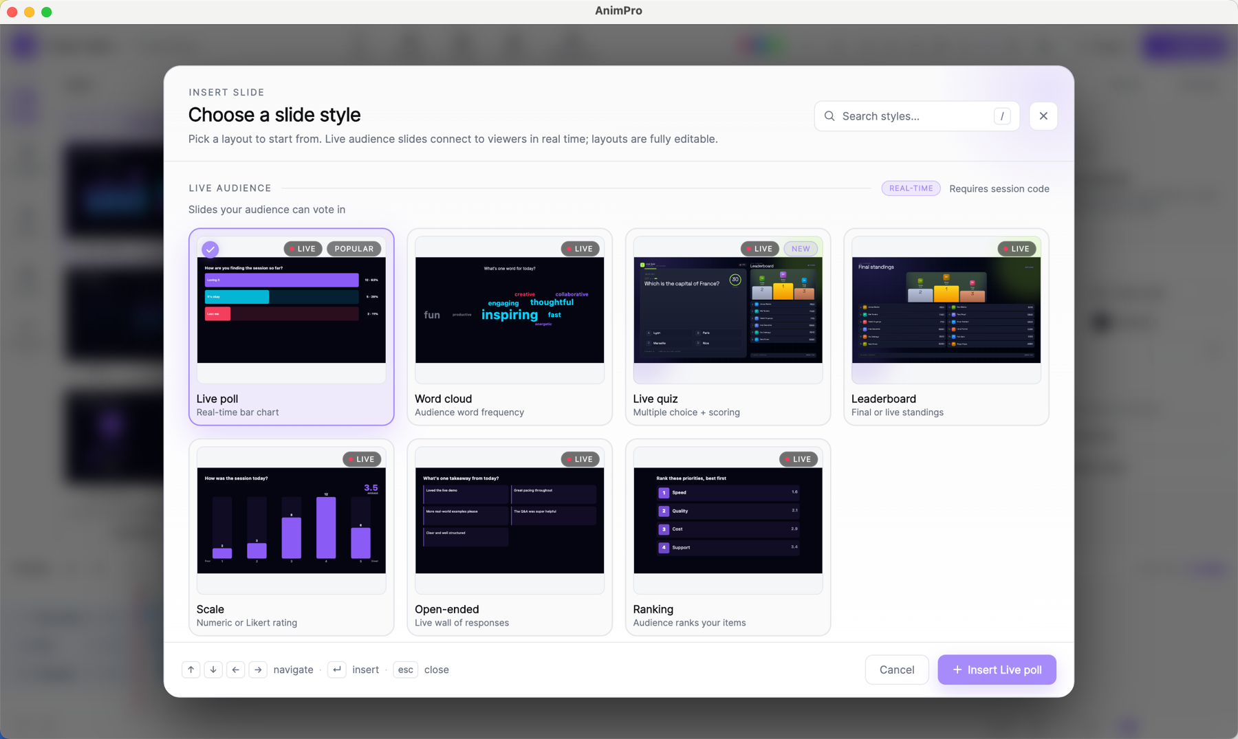 Tchaku slide-style picker modal with Live Audience and Layout categories